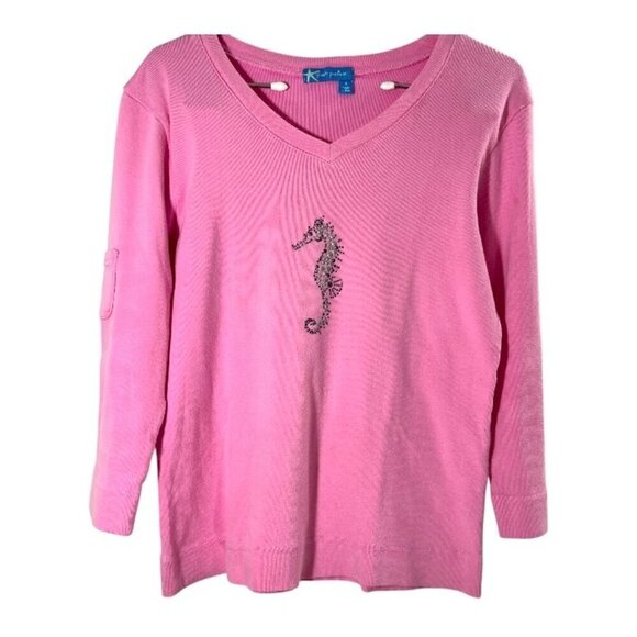 Women's Fresh Produce 3/4 Sleeve Pink Seahorse V Neck Pink T Shirt Size Small - Picture 1 of 6